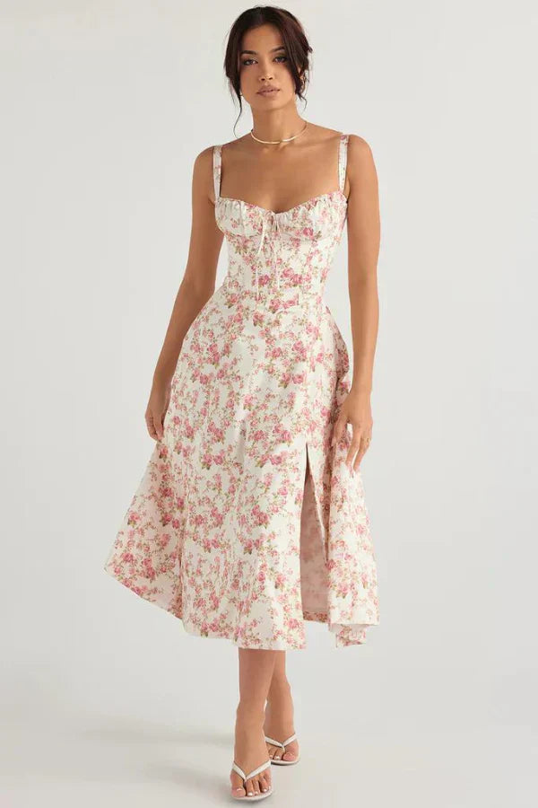 Aurora Floral Corset Midi Dress | Sweetheart Neckline. Slit Skirt. Spaghetti Straps