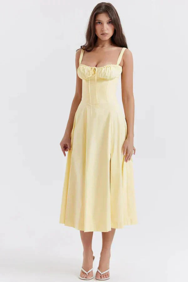 Aurora Floral Corset Midi Dress | Sweetheart Neckline. Slit Skirt. Spaghetti Straps