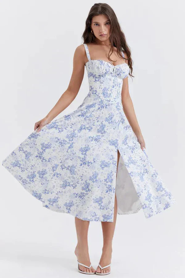 Aurora Floral Corset Midi Dress | Sweetheart Neckline. Slit Skirt. Spaghetti Straps