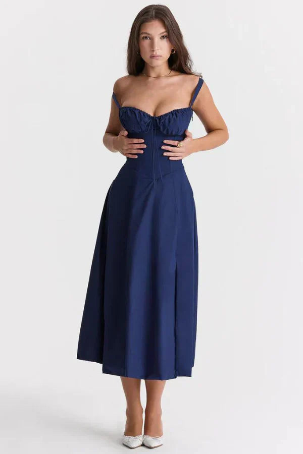 Aurora Floral Corset Midi Dress | Sweetheart Neckline. Slit Skirt. Spaghetti Straps