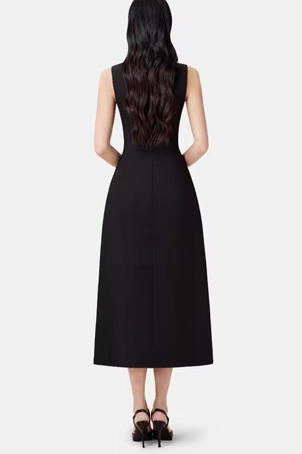 Vequa Asymmetric Collar Sleeveless Midi Dress - Black