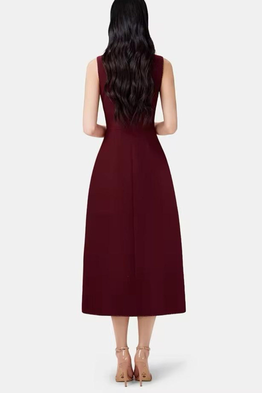 Vequa Asymmetric Collar Sleeveless Midi Dress - Wine