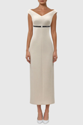 Vered Off Shoulder Belted Midi Dress - Beige