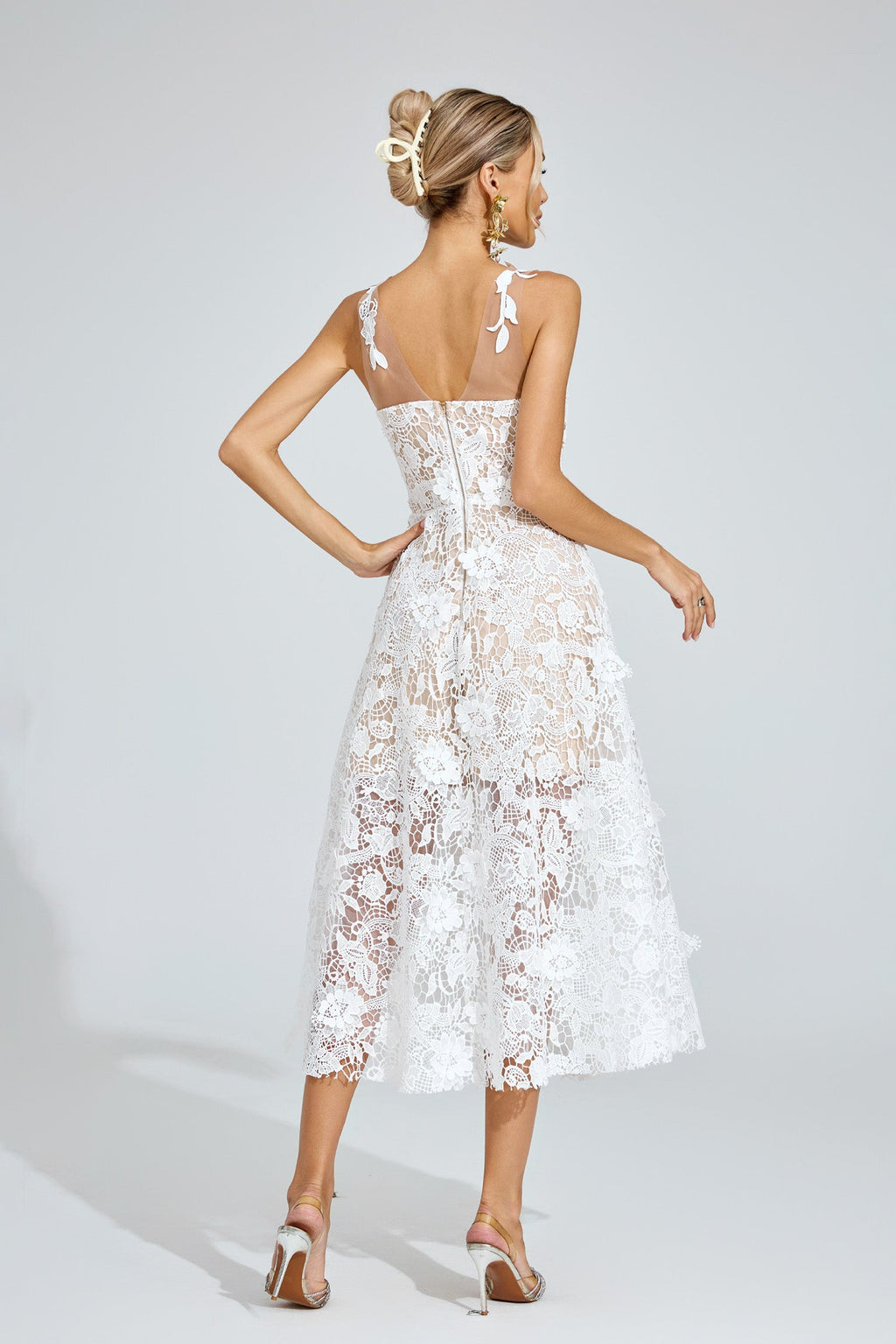 Waters White Lace Illusion Midi Dress