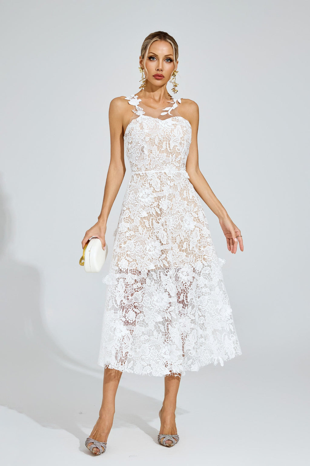 Waters White Lace Illusion Midi Dress