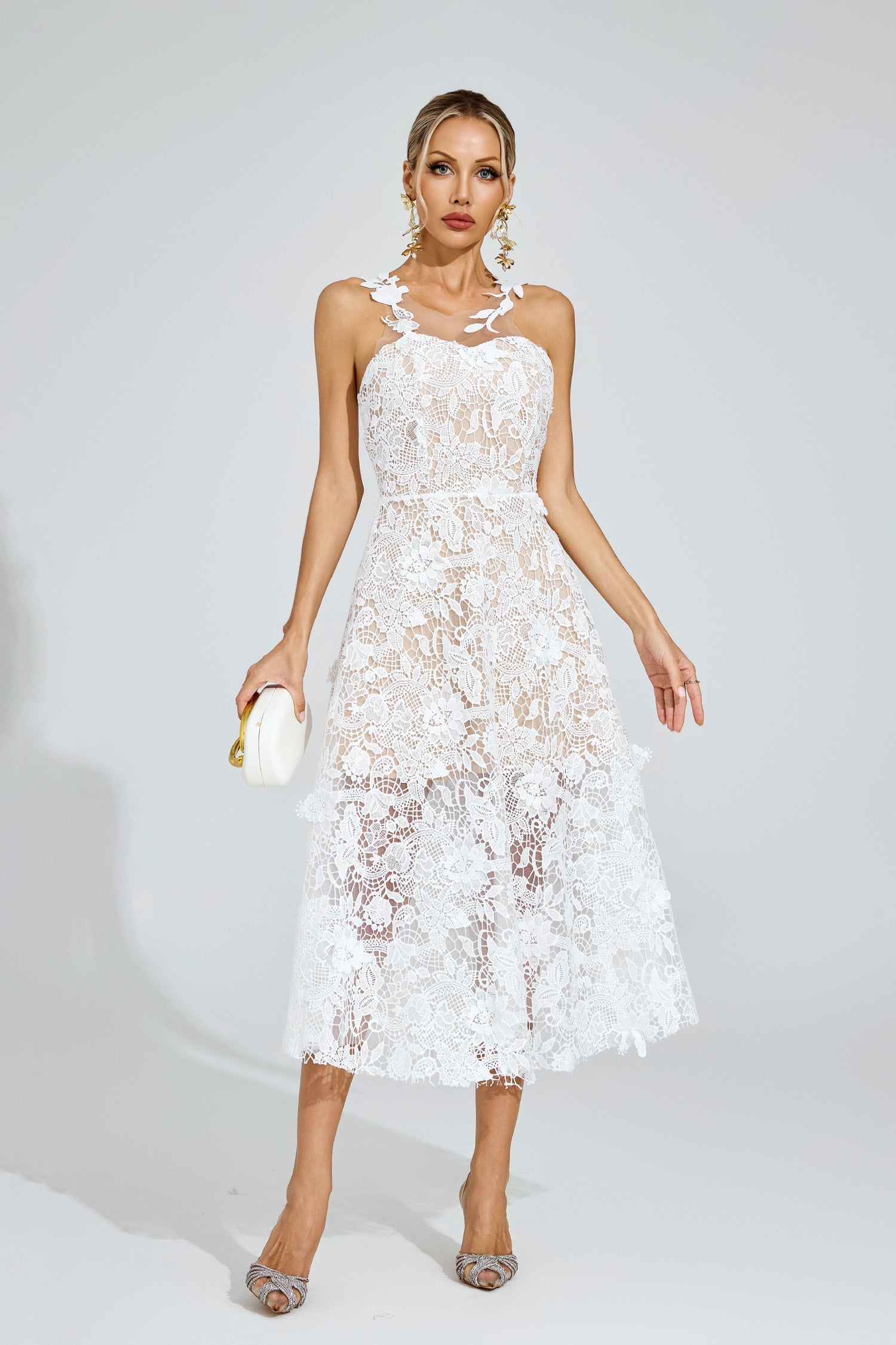 Waters White Lace Illusion Midi Dress