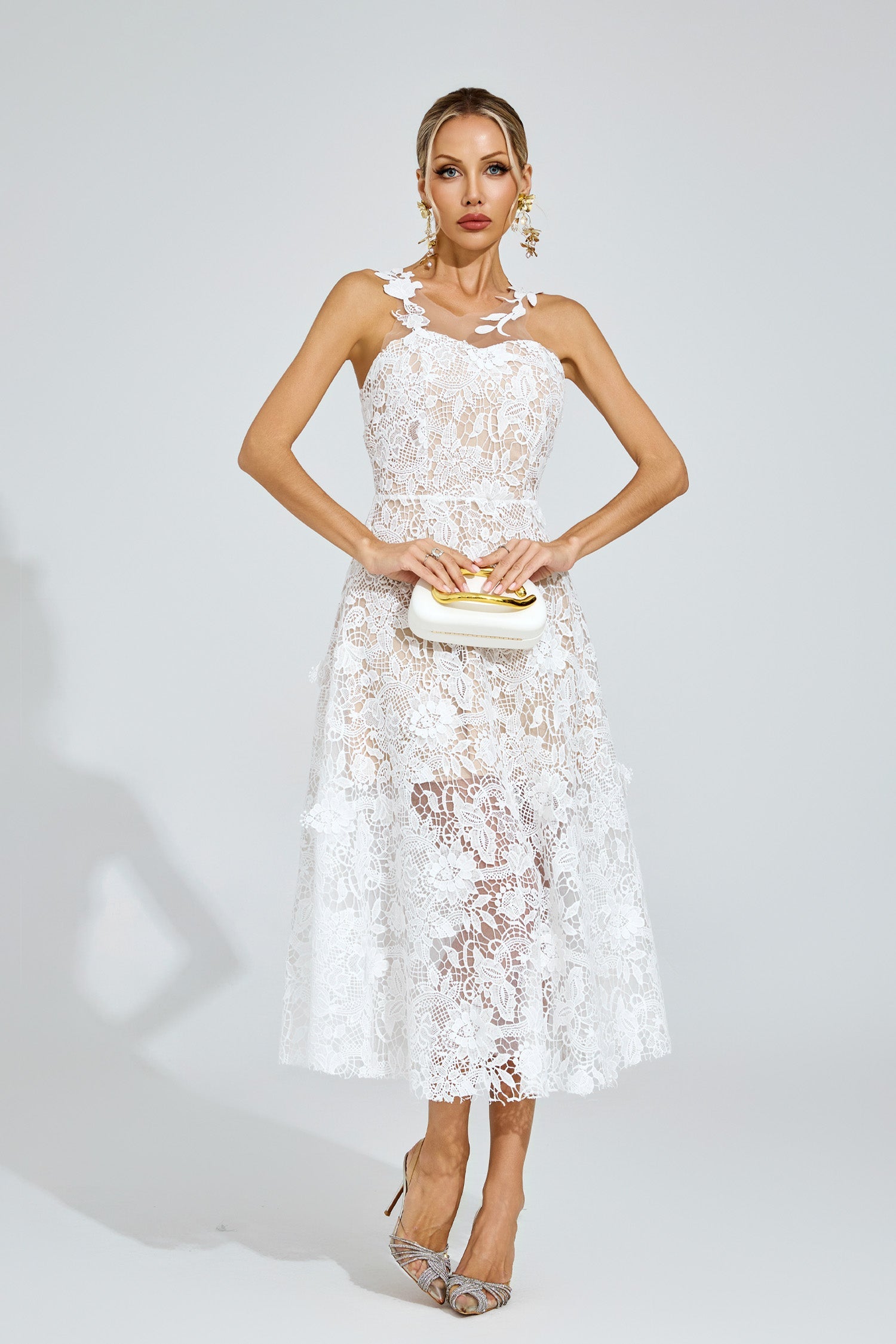 Waters White Lace Illusion Midi Dress
