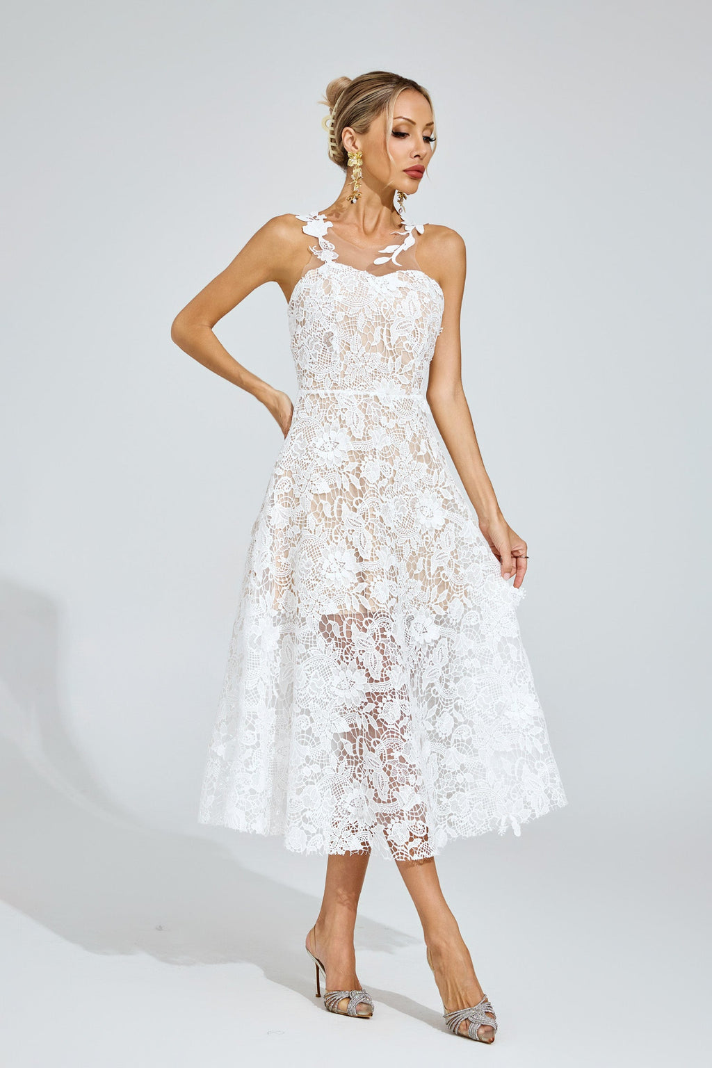 Waters White Lace Illusion Midi Dress
