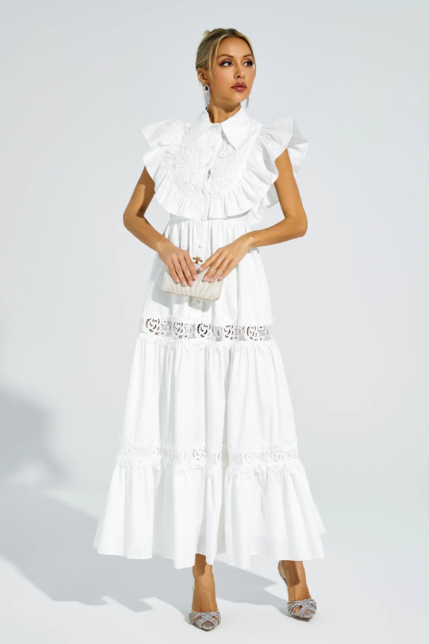 Wesley White Sleeveless Ruffle Midi Dress