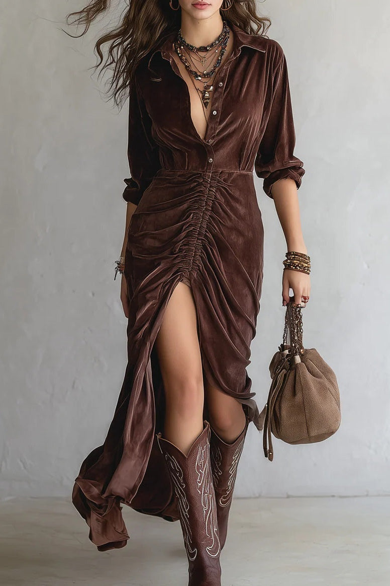 Vintage Button-stitched Pleated Velvet Midi Dress