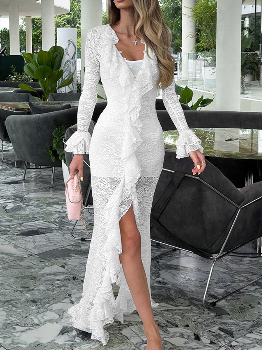 Daily White V Neck Long Sleeve Ruffle Casual Asymmetric Hem Lace Midi Dresses