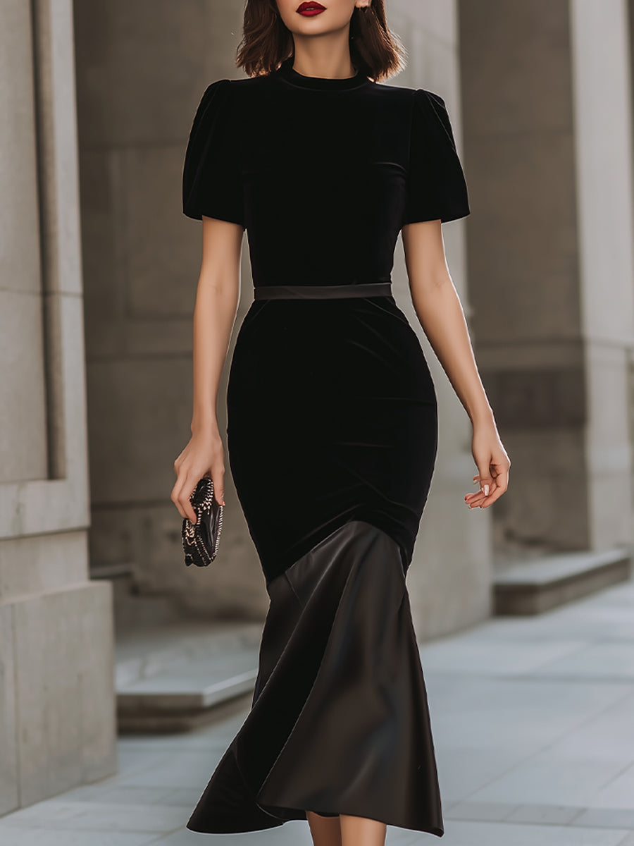 Black Velvet & Satin Mermaid Midi Dress
