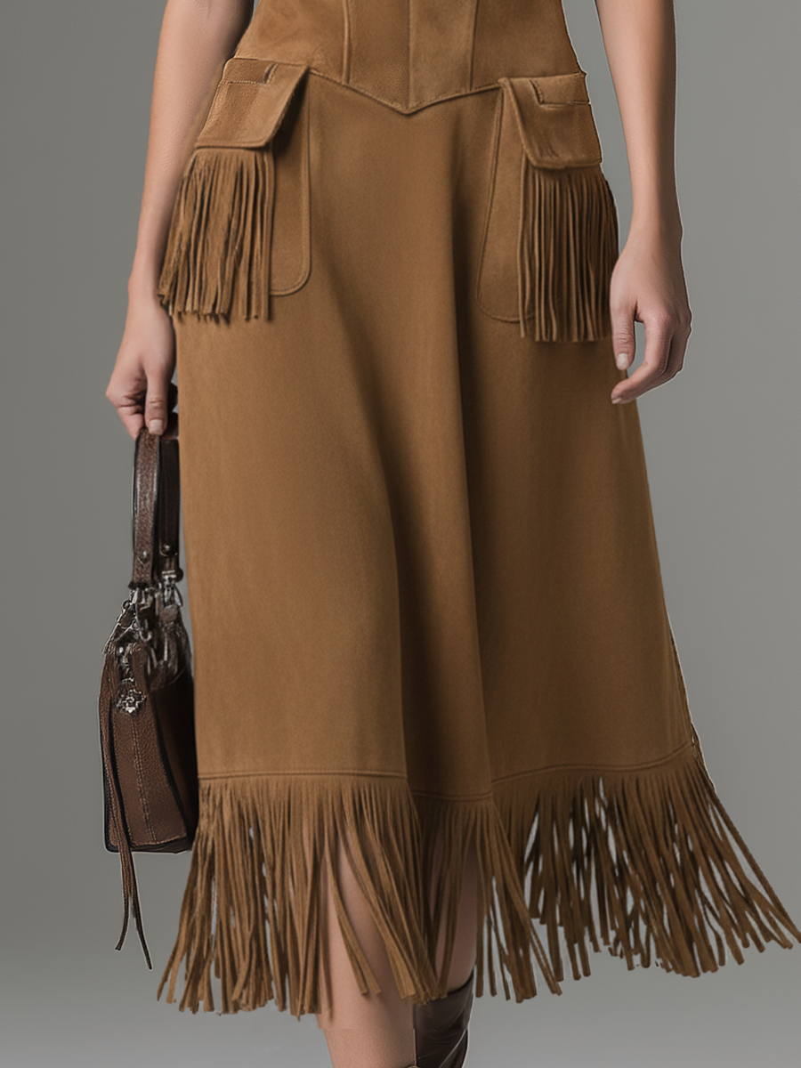 Retro Elegant V-neck Embroidered Tassel Sleeveless Midi Dress