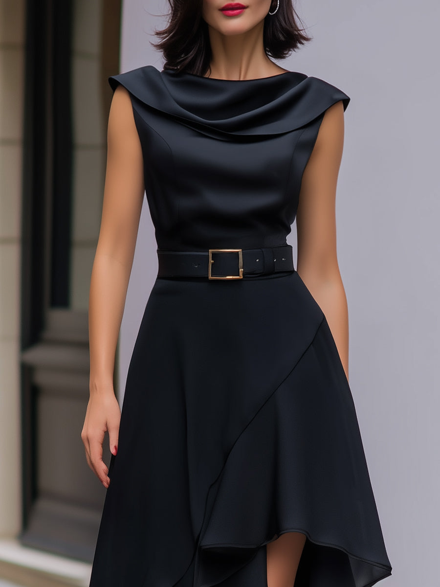 Draped Cowl-Neck Belted Asymmetrical Satin Midi Dress
