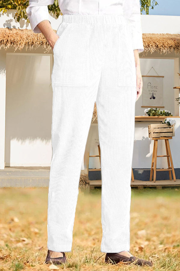 Solid color elastic waist striped straight casual pants