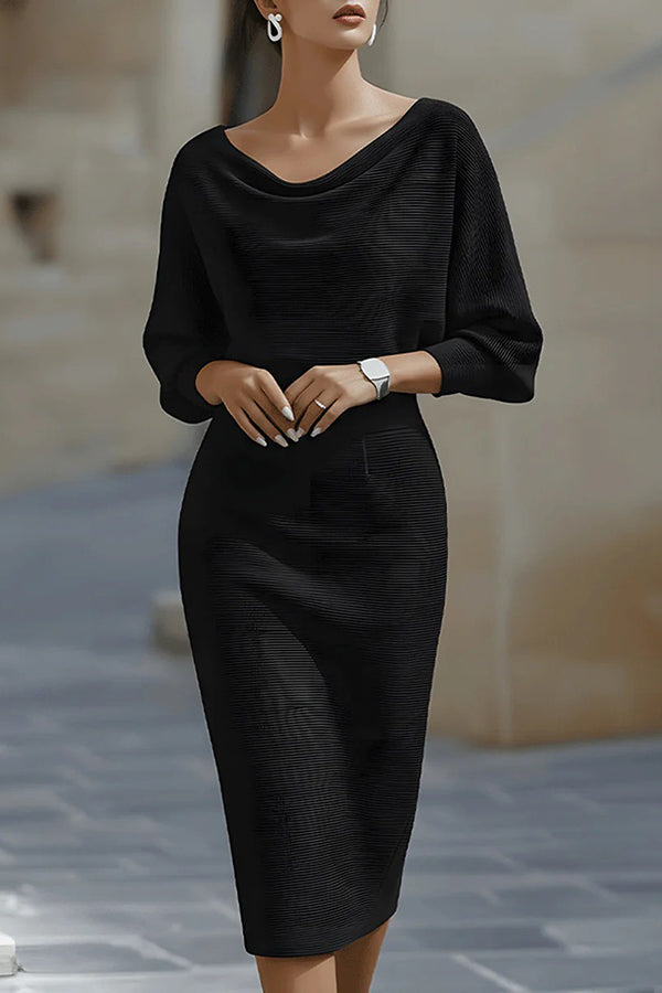 Solid Color Batwing Sleeve Fitted Waist Elegant Midi Dress