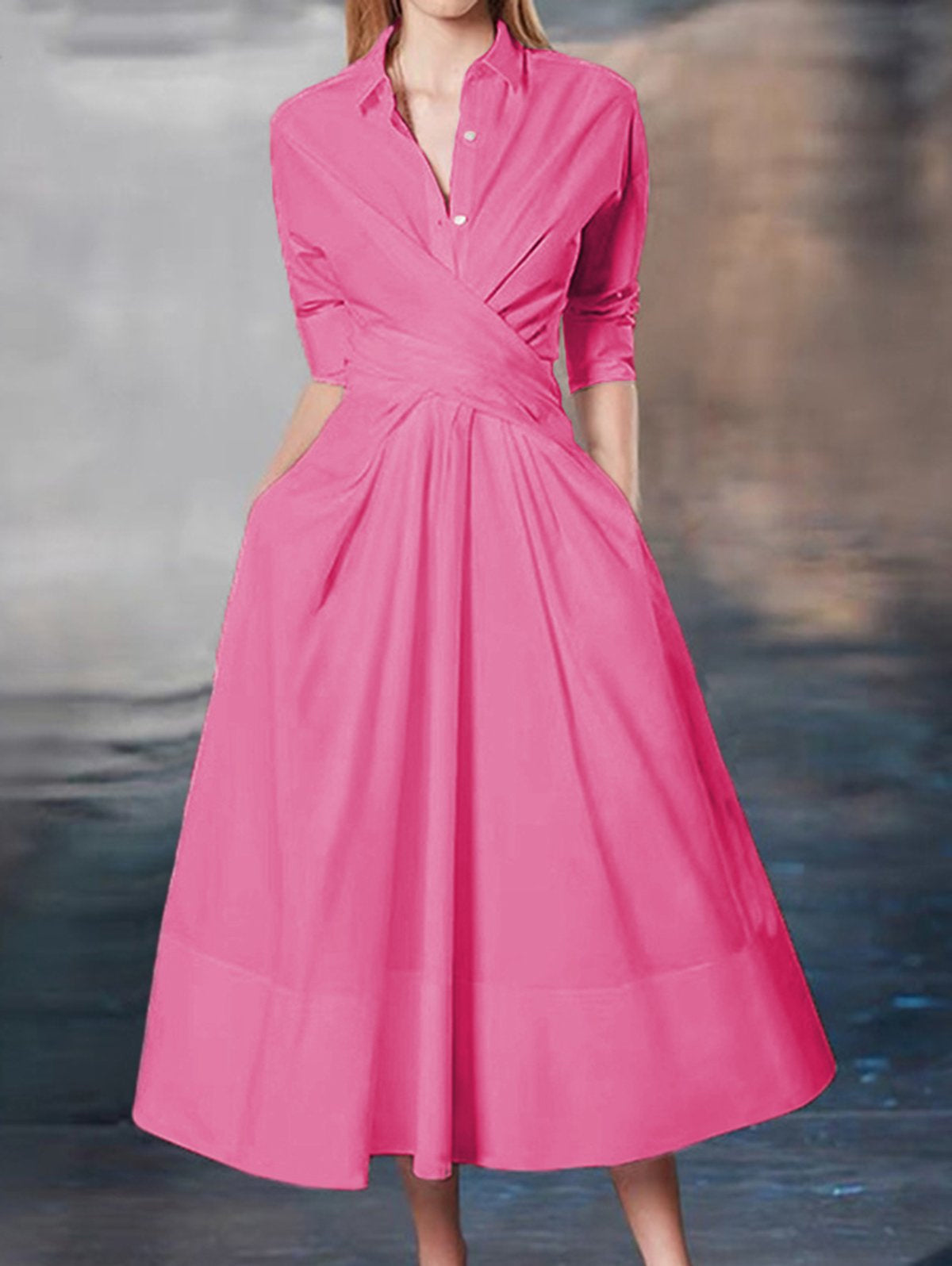 Elegant Wraped Pleated Button Long Sleeve Lapel A-Line Midi Dress