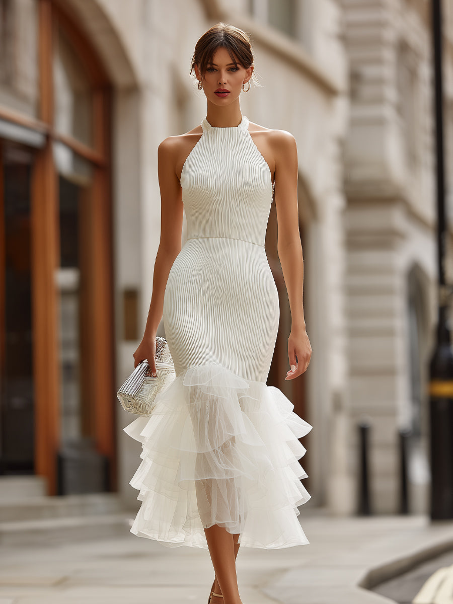 Alter Neck Pleated Midi Dress With Layered Ruffle Hem