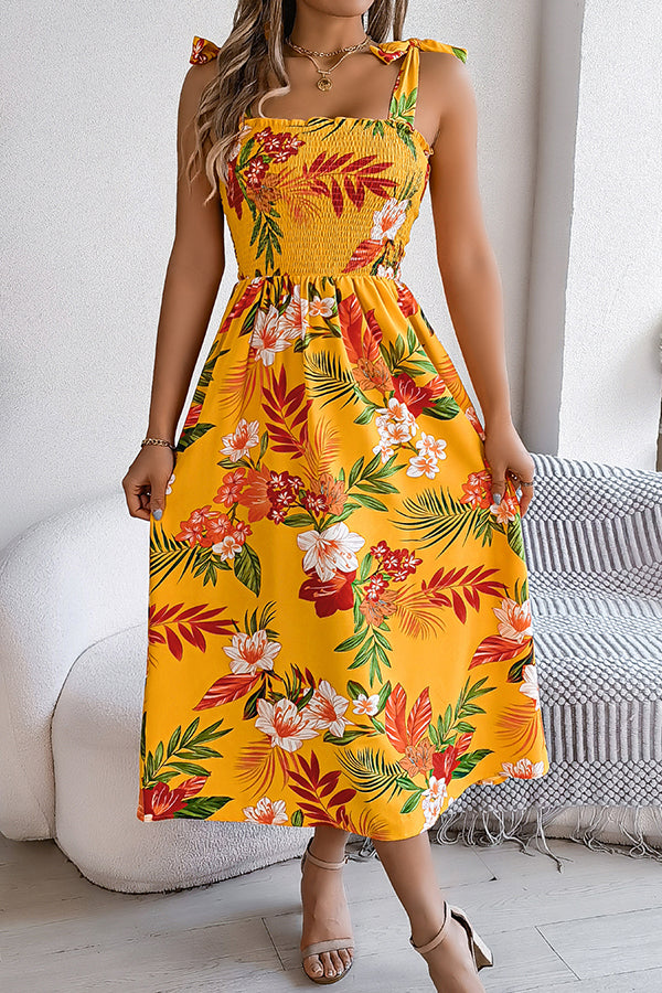 Plant Print Suspenders Pleated Holiday Beach Midi Dress