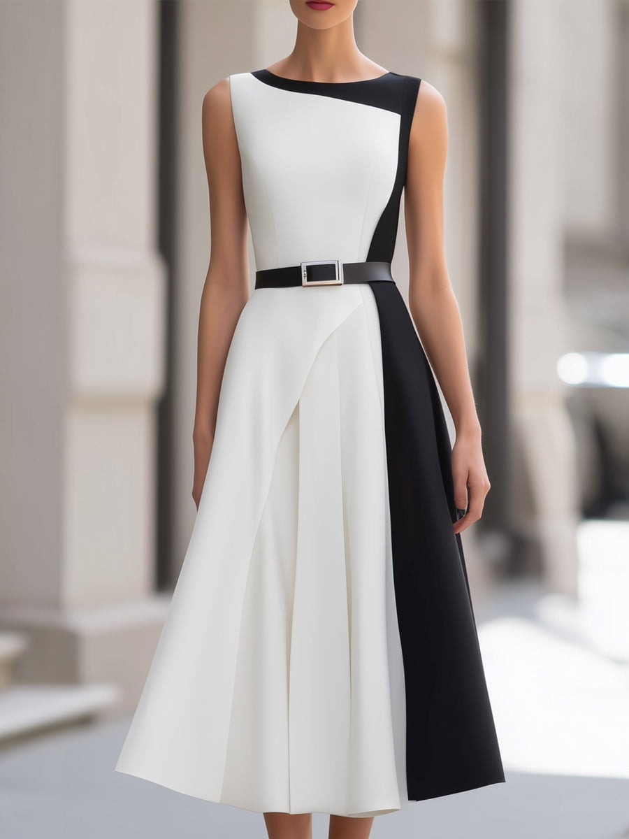 Colorblock Belted A-Linee Sleeveless Midi Dress