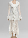 Daily White V Neck Long Sleeve Ruffle Casual Asymmetric Hem Lace Midi Dresses