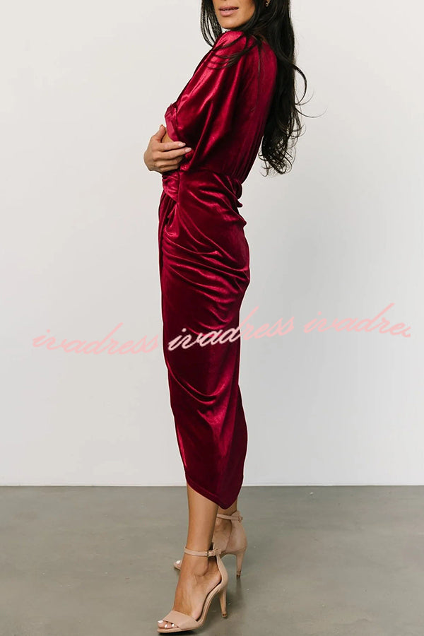 Brendy V Neck Half Sleeve Velvet Pleated Midi Dress