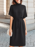 High-Neck Dolman Sleeve Drawstring Midi Dress