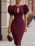 Puff Sleeves Midi Dress With Silver Trimmed Neckline