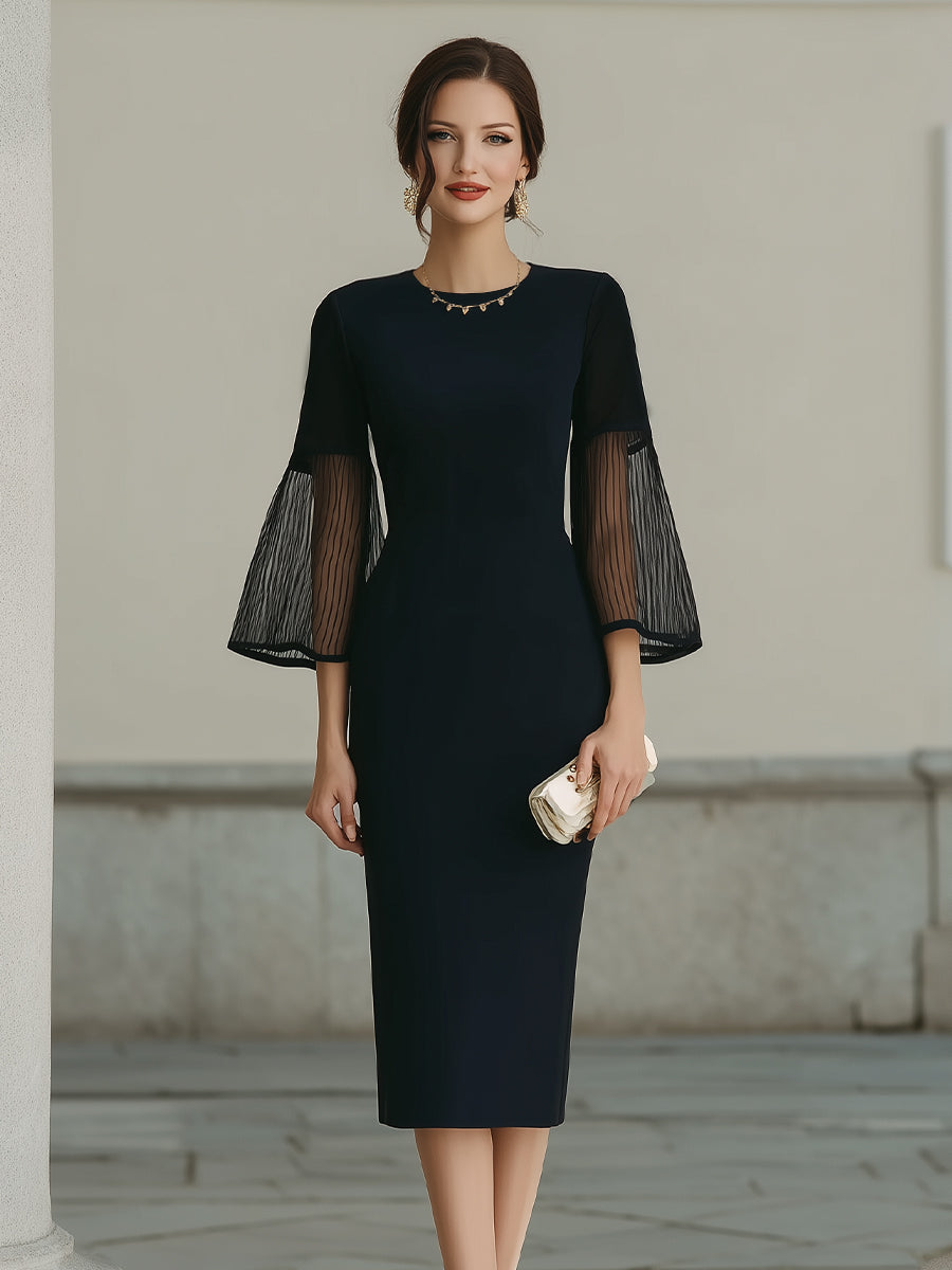 Midi Dress With Sheer Pleated Bell Sleeves
