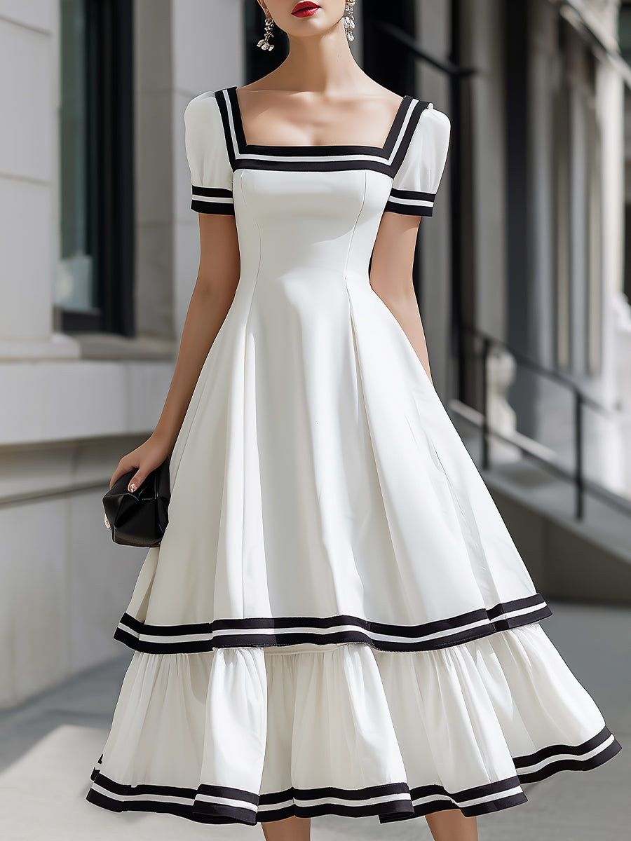 Vintage Contrast-Trim Square Neck Midi Dress