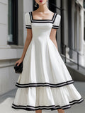 Vintage Contrast-Trim Square Neck Midi Dress