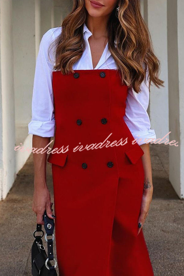 Admire Solid Color Pocket Button Back Zip Off Shoulder Midi Dress