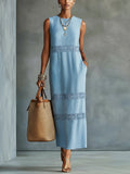 Light Blue Sleeveless Linen Maxi Dress With Lace Insets