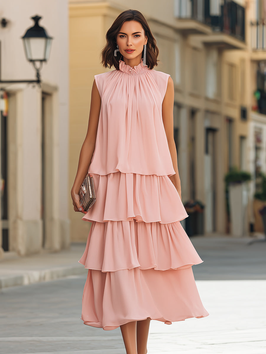 Sleeveless Tiered Ruffle High-Neck Midi Dress