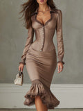 Vintage Ruffled Hem Lace-trimmed Polyester Satin Midi Dress