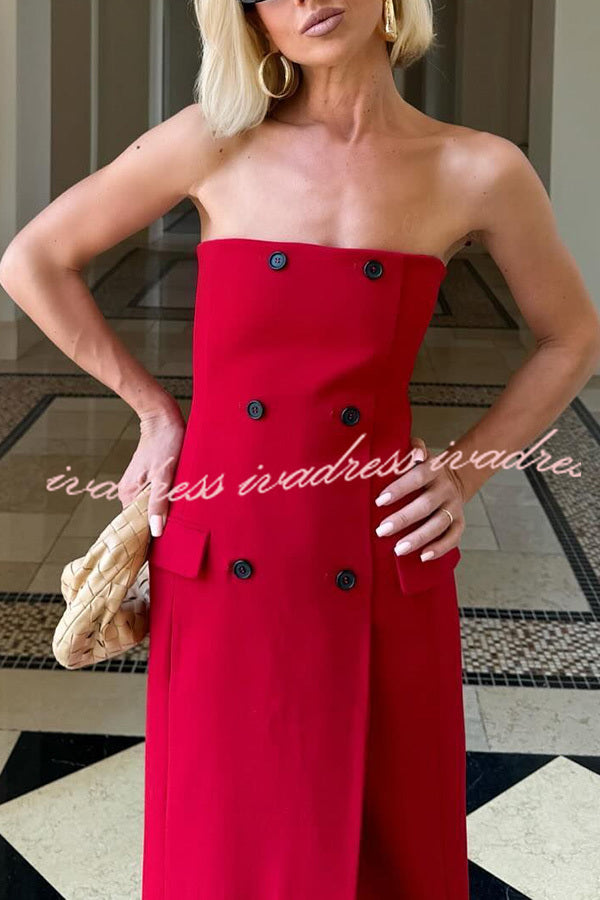 Admire Solid Color Pocket Button Back Zip Off Shoulder Midi Dress