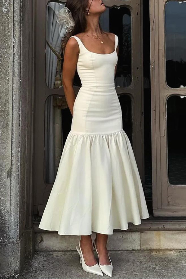 Graceful Silhouette Square Neck Wide Strap Drop Waist Midi Dress