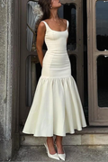 Graceful Silhouette Square Neck Wide Strap Drop Waist Midi Dress
