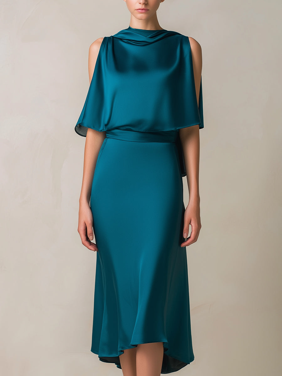 Teal Draped Cape-Sleeve Midi Dress