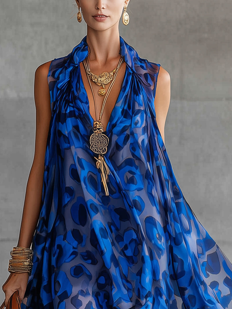 Royal Blue Leopard Print Chiffon High-Low Dress
