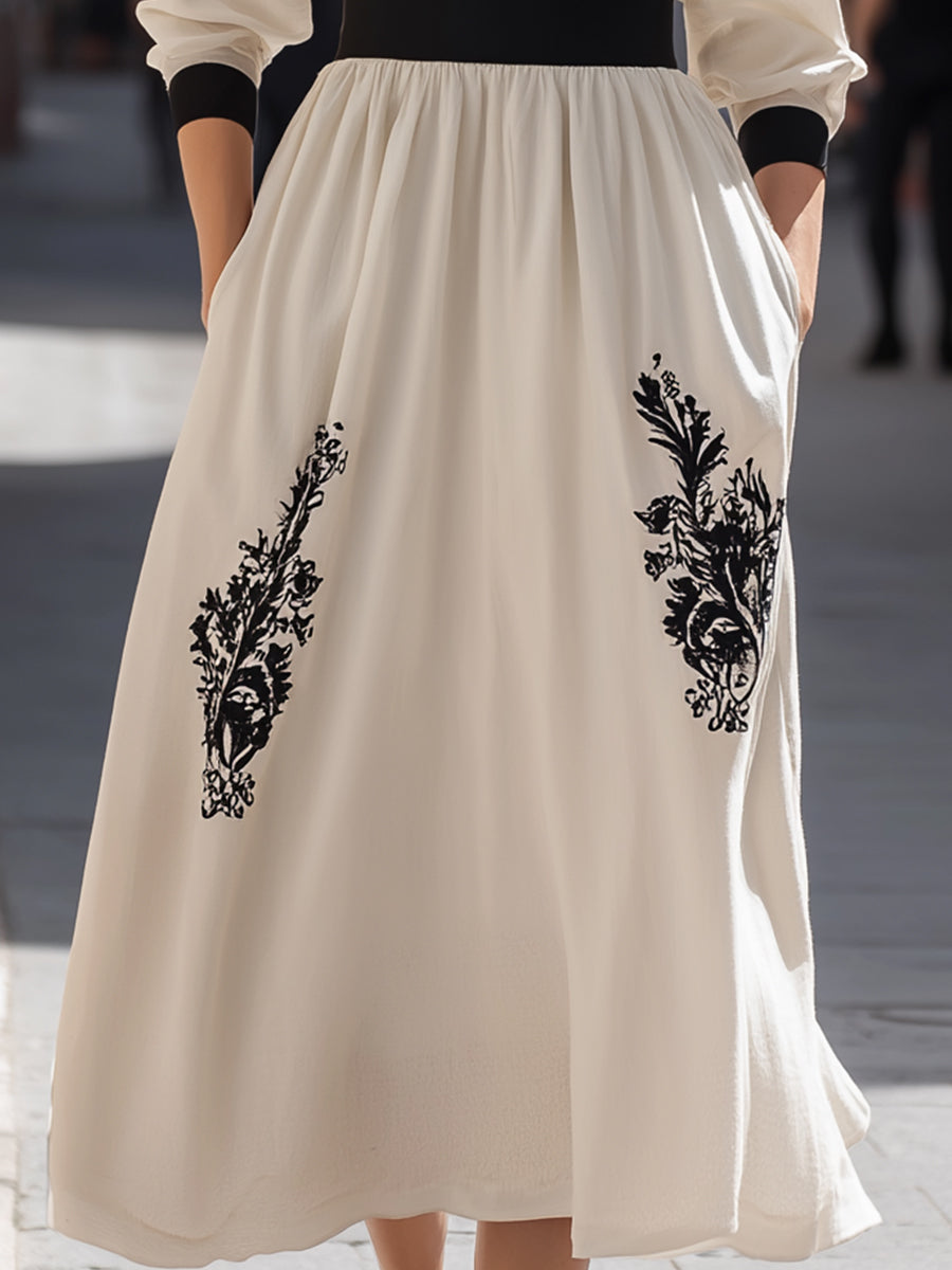 Embroidered Waist-Defined Midi Dress