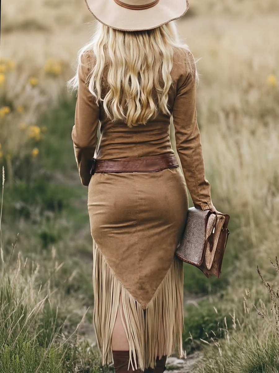 Retro Western Lapel Zipper Long Sleeve Tassel Midi Dress