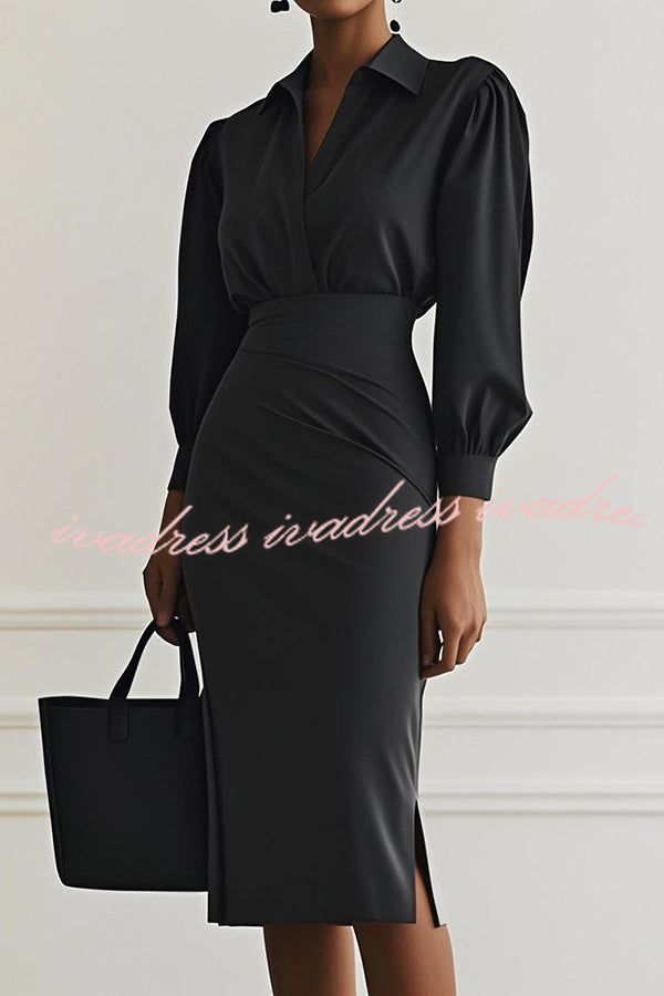 Fashion Lapel Long Sleeve Slim Waist Midi Dress