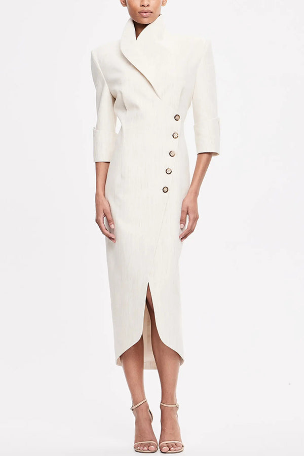 Elegant Look Linen Blend Stand Lapel Neck Half Sleeve Side Button Midi Dress