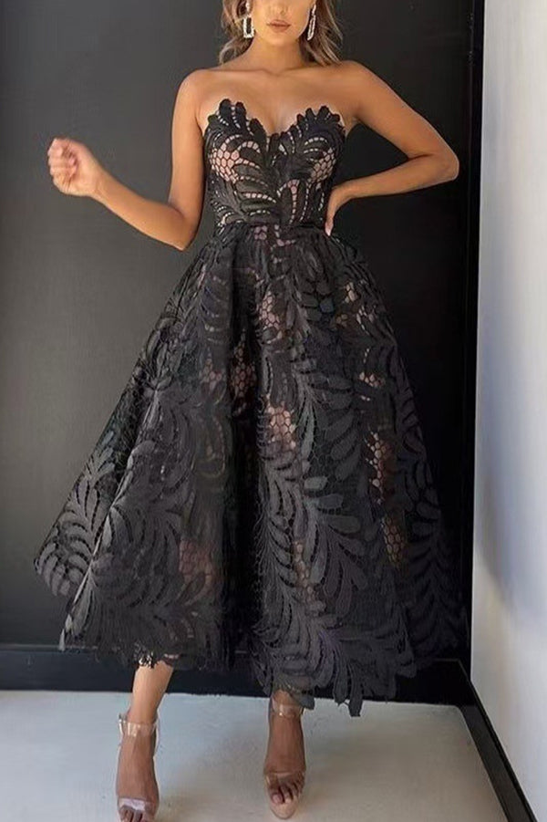 Elegant Openwork Lace Strapless Full-hem Midi Dress