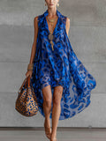 Royal Blue Leopard Print Chiffon High-Low Dress