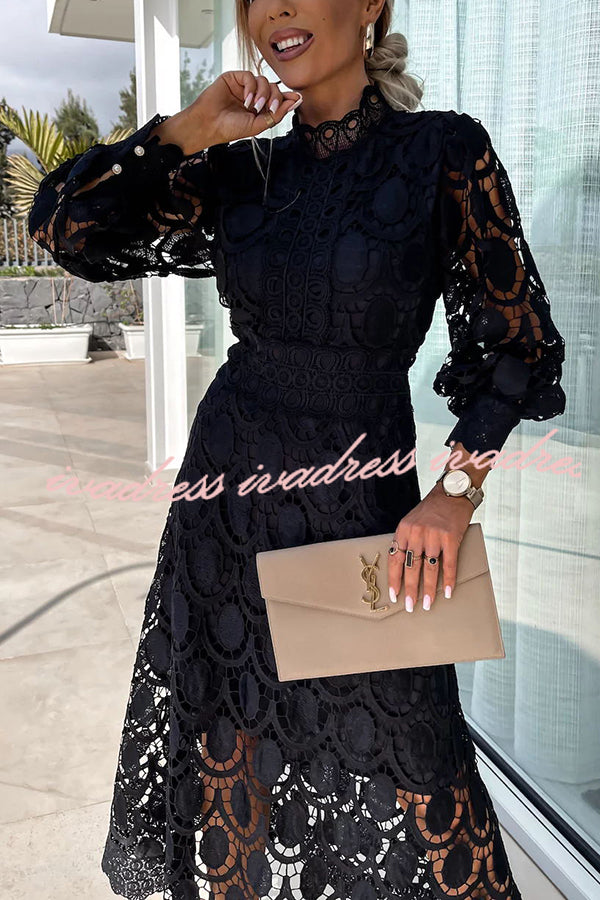 Romantic. Sensual and Elegant Crochet Lace Lantern Sleeve Party Midi Dress