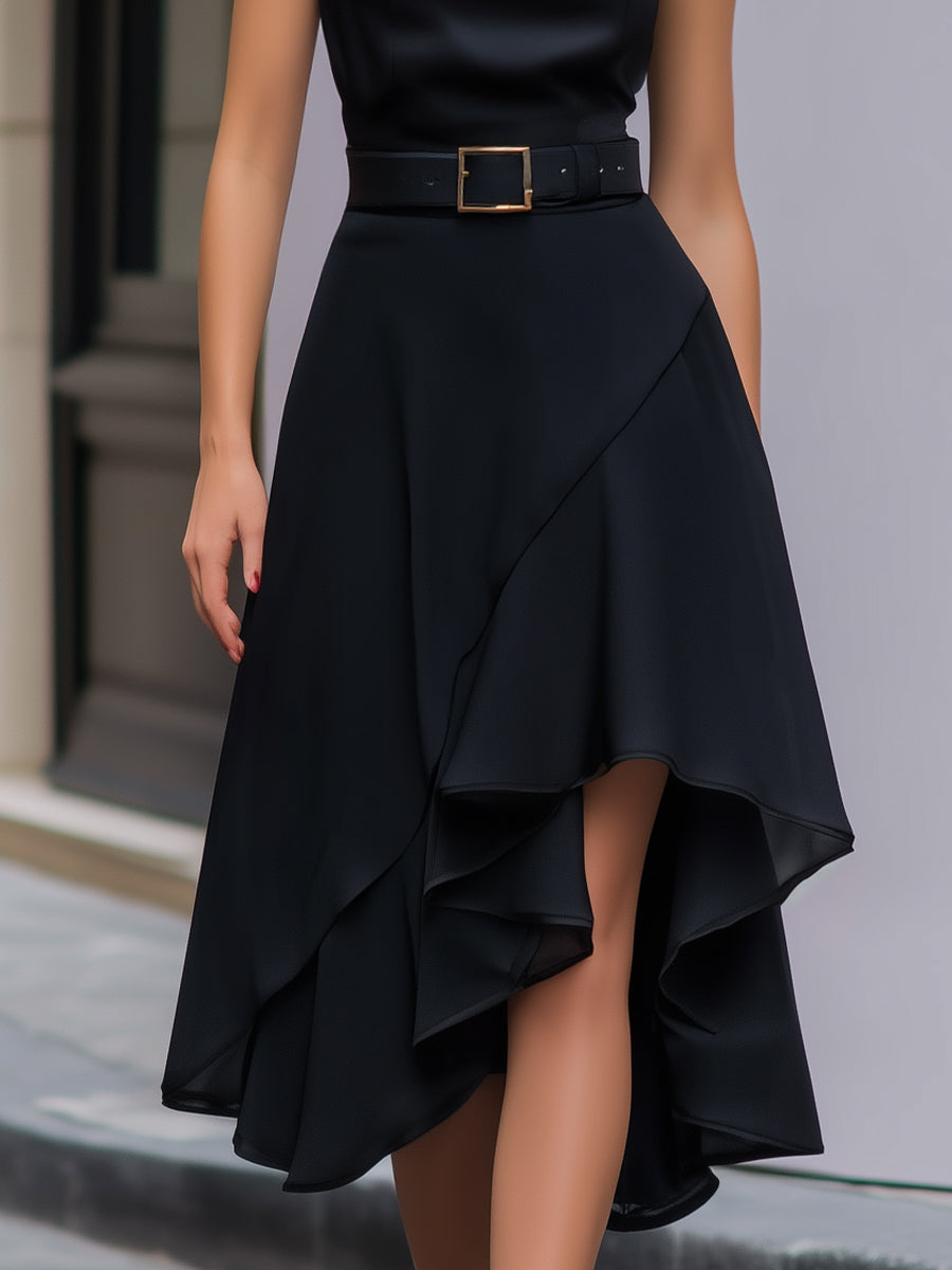 Draped Cowl-Neck Belted Asymmetrical Satin Midi Dress