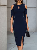 Sleek Navy Cold-Shoulder Midi Dress With Keyhole Detail