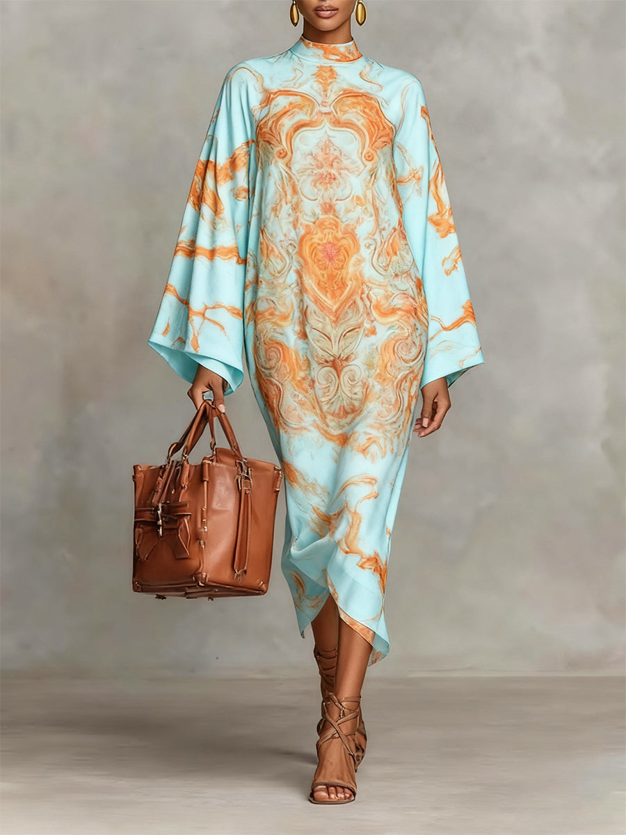 Daily Pink Paisley Mock Neck Long Sleeve Boho Midi Dresses